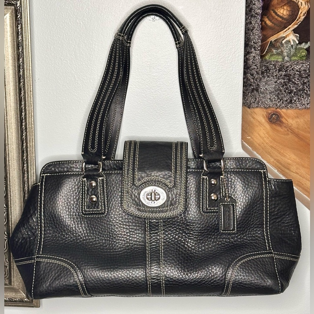 Vintage Coach Hampton Pebbled Leather Satchel Handbag Black